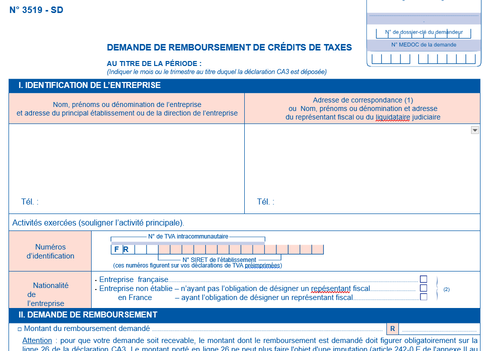 Modèle de formulaire de remboursement de crédit de TVA 3519