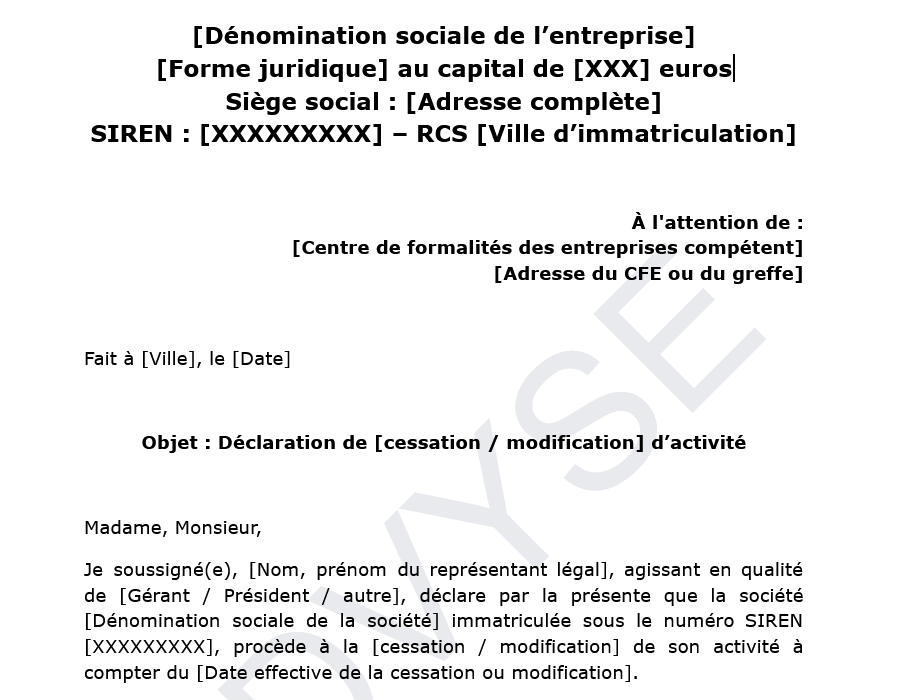 déclaration de cessation ou de modification d’activité