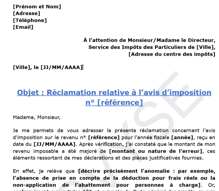 modèle de lettre de réclamation concernant un avis d’imposition