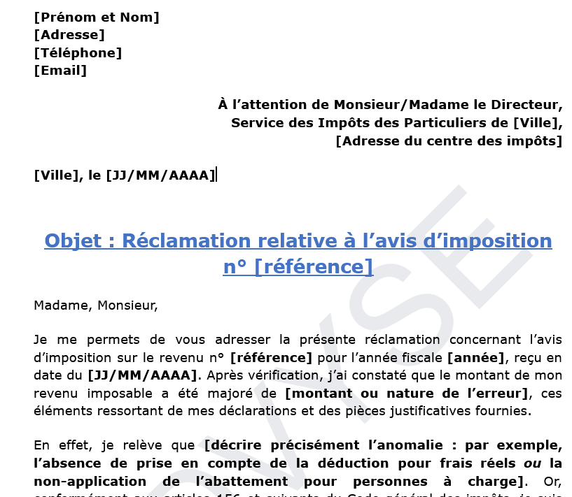 modèle de lettre de réclamation concernant un avis d’imposition