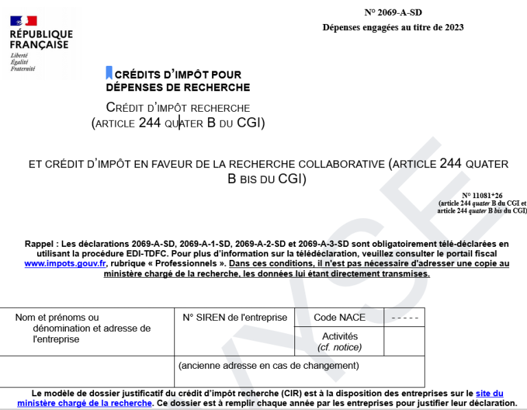 formulaire de déclaration de crédit d’impôt recherche 2069 a