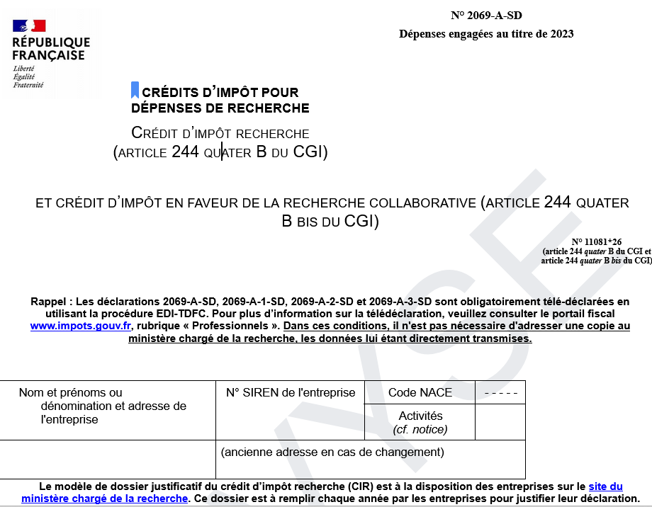 formulaire de déclaration de crédit d’impôt recherche 2069 a