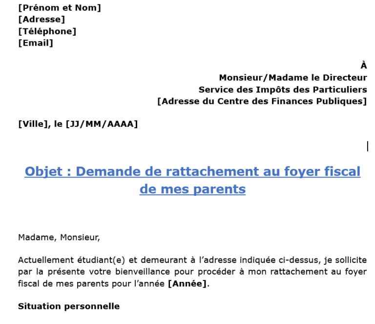 modèle de demande de rattachement au foyer fiscal de ses parents