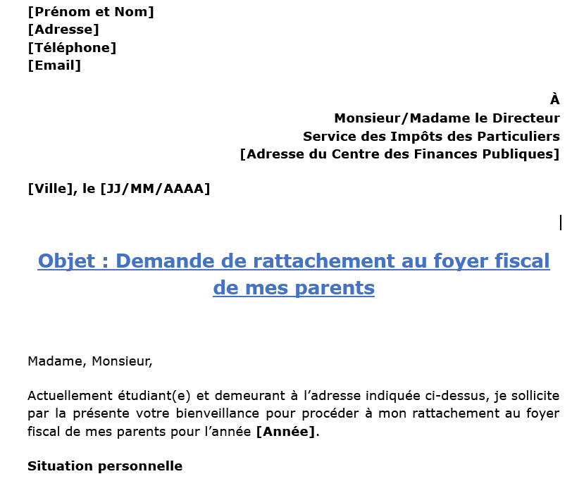 modèle de demande de rattachement au foyer fiscal de ses parents