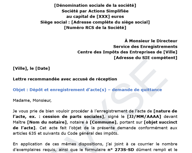 Modèle de lettre d'enregistrement des actes par les impôts