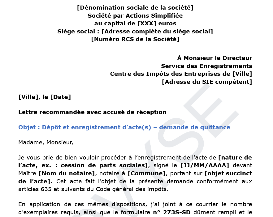 Modèle de lettre d'enregistrement des actes par les impôts
