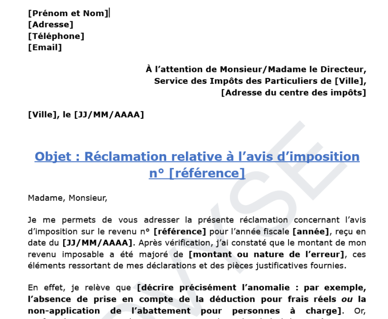 modèle de lettre de réclamation aux impôts