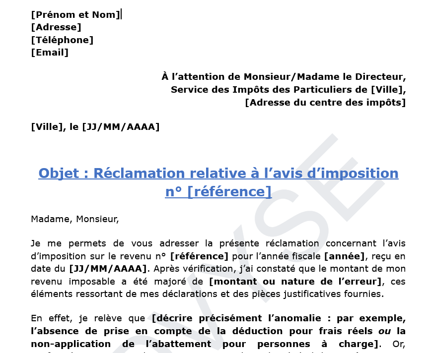 modèle de lettre de réclamation aux impôts