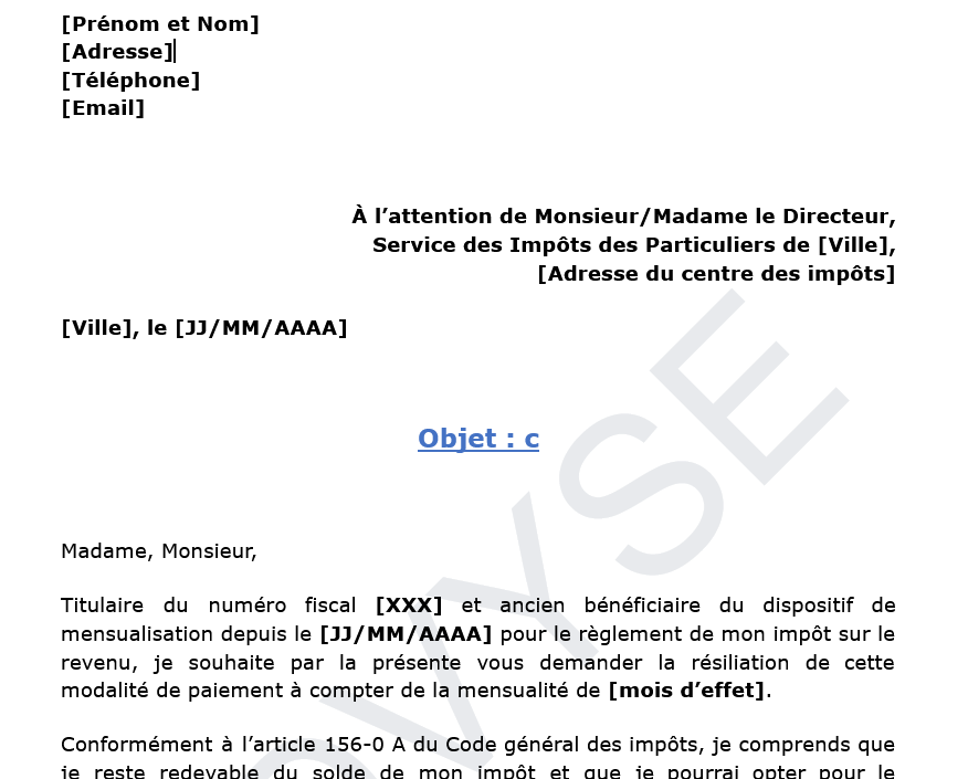 modèle de résiliation de la mensualisation de l'impôt sur le revenu