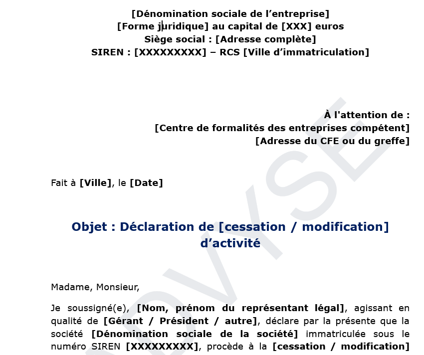 Déclaration de cessation ou de modification d’activité