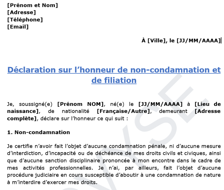 modèle de déclaration de non-condamnation et de filiation