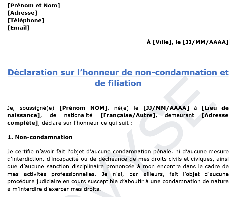 modèle de déclaration de non-condamnation et de filiation