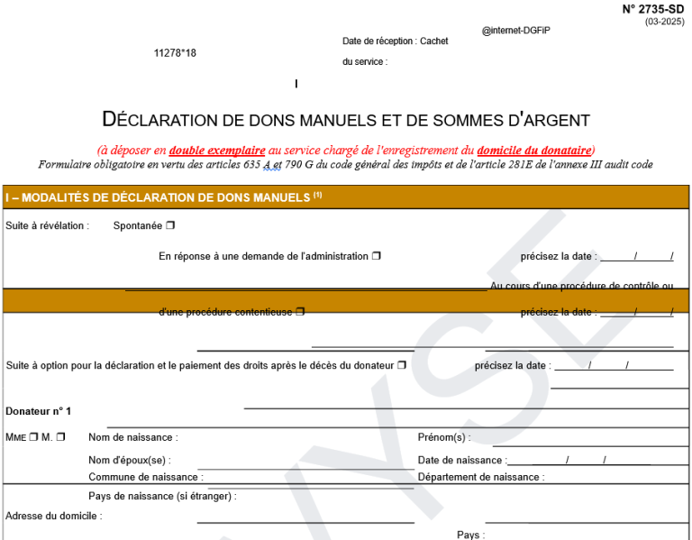 modèle de déclaration de dons manuels et de sommes d’argent