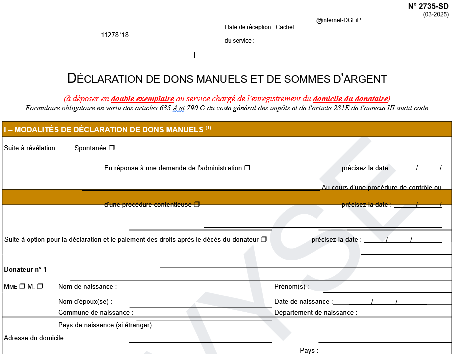 modèle de déclaration de dons manuels et de sommes d’argent
