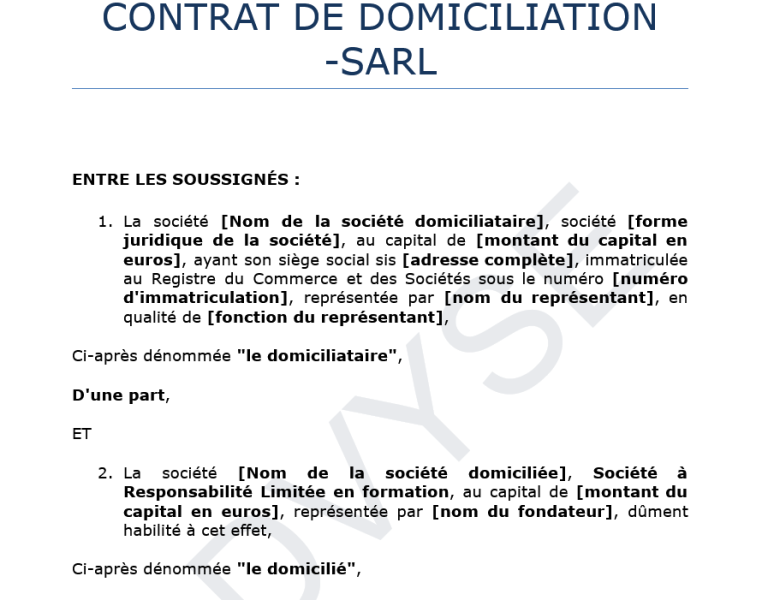 Contrat de domiciliation SARL