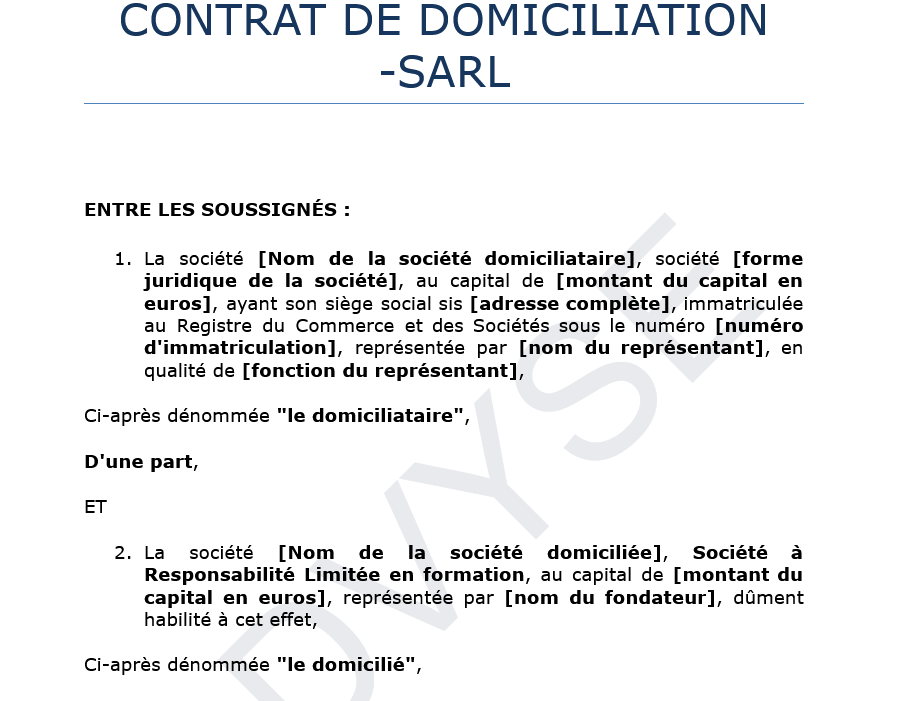 Contrat de domiciliation SARL