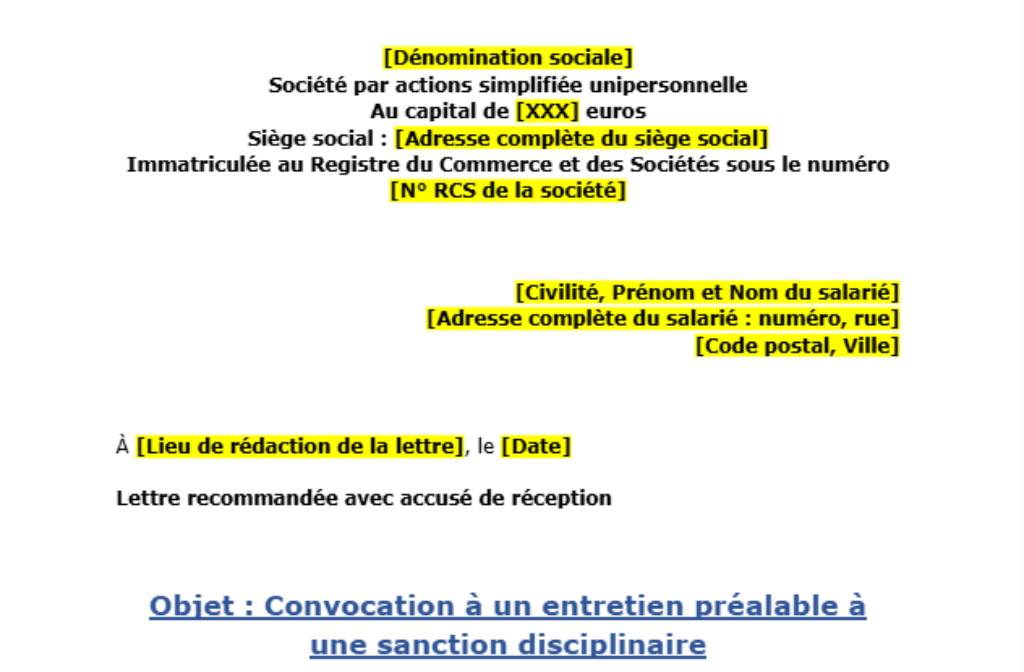 Modèle de Convocation à un entretien préalable à une sanction disciplinaire