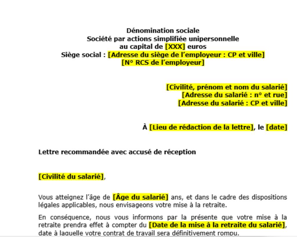 Modèle de mise à la retraite salarié 70 ans