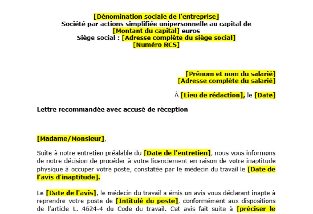 Modèle convocation entretien licenciement inaptitude physique non professionnelle