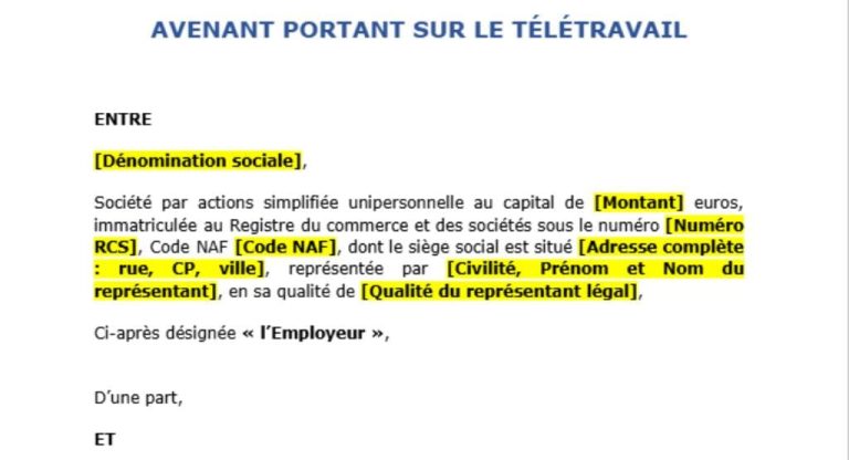 Modèle d’avenant portant sur le télétravail