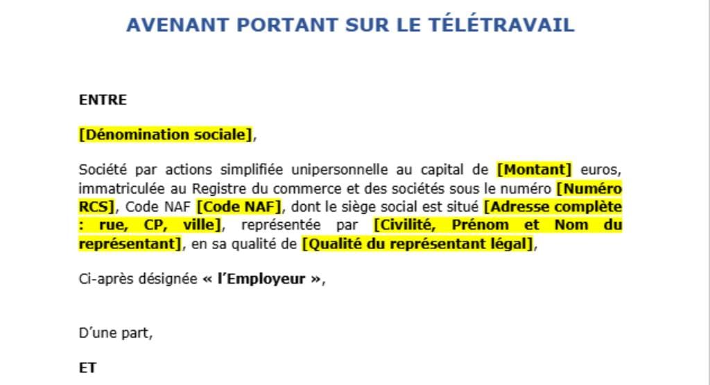 Modèle d’avenant portant sur le télétravail