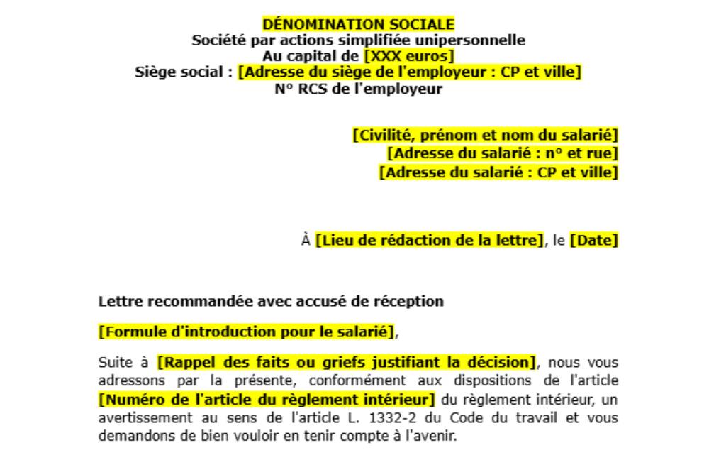 Notification d’avertissement disciplinaire
