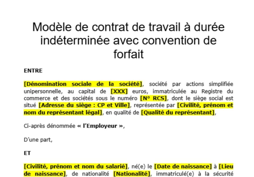 Modèle de contrat de travail à durée indéterminée avec convention de forfait