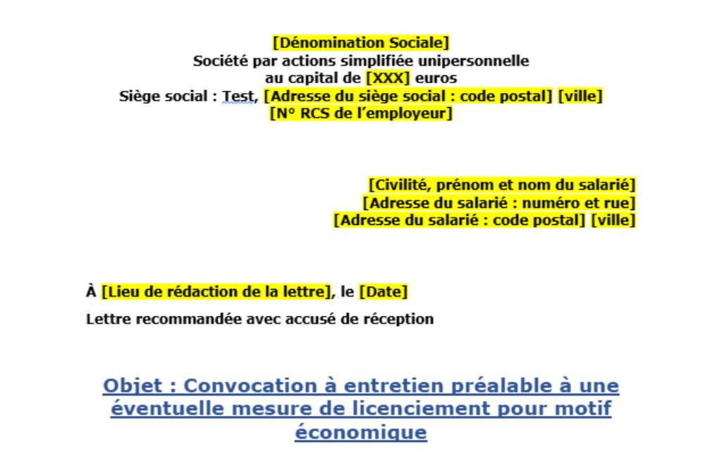 Modèle de convocation entretien préalable licenciement économique