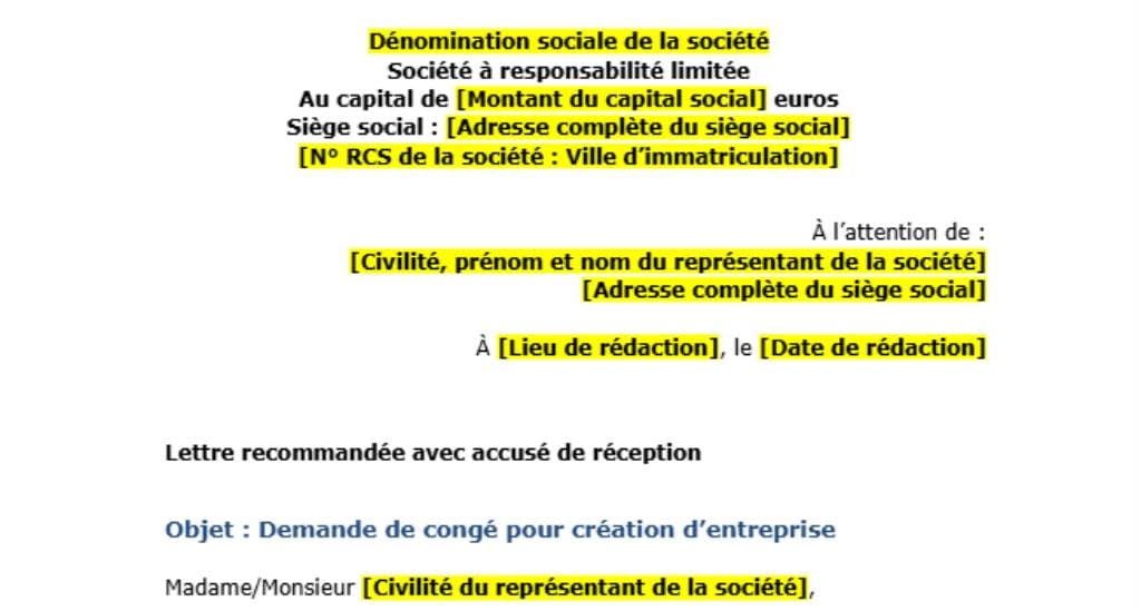 Modèle de congé création d’entreprise