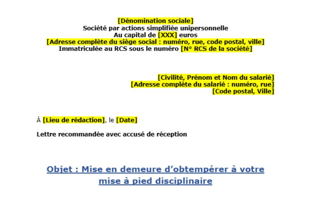 Modèle de lettre au salarié refusant d'obtempérer à une mise à pied disciplinaire