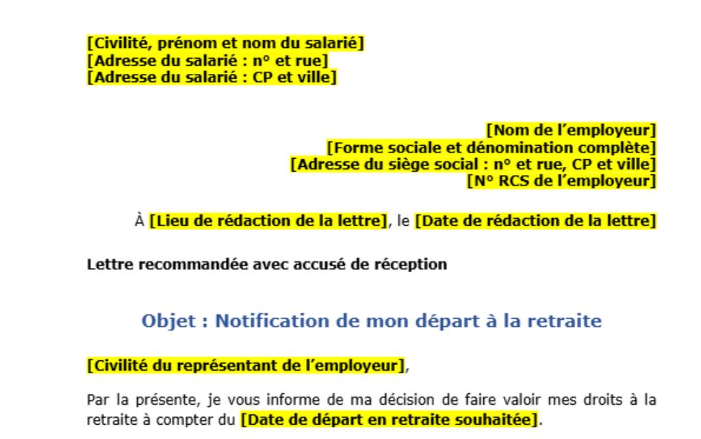 Modèle de lettre de départ à la retraite