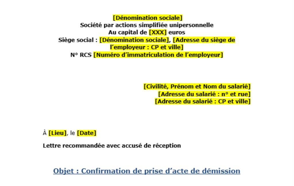 Modèle de réponse de l'employeur à une démission écrite ou verbale