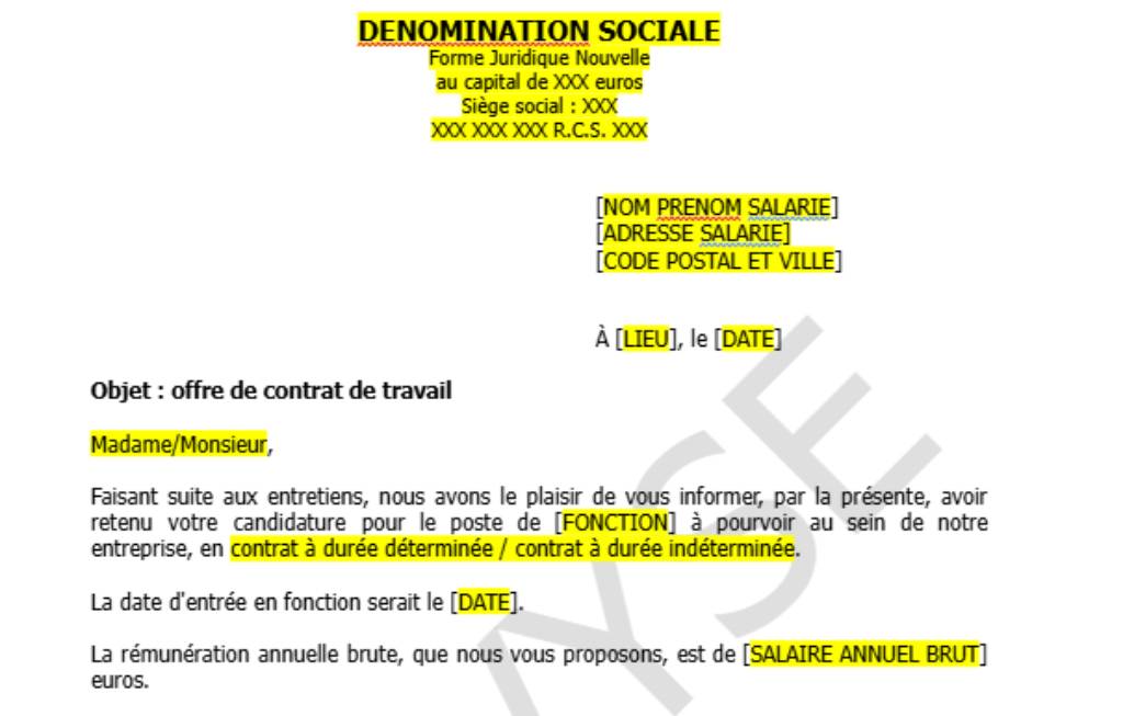 Modèle d’offre de contrat de travail
