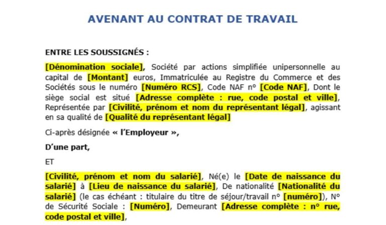 Modèle d’avenant au contrat de travail – Modification des fonctions