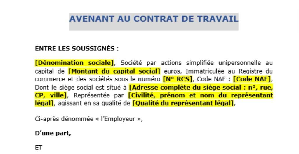 Avenant au contrat de travail – Modification du lieu de travail