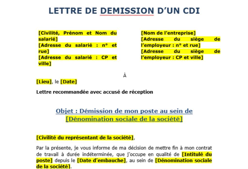lettre de démission du salarié CDI