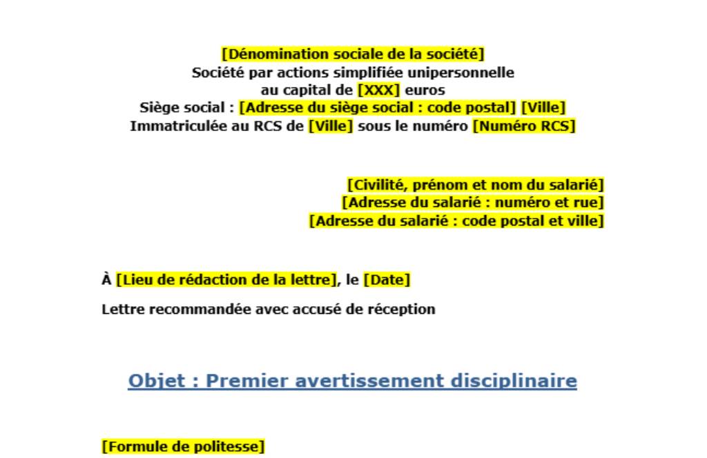 lettre de premier avertissement disciplinaire