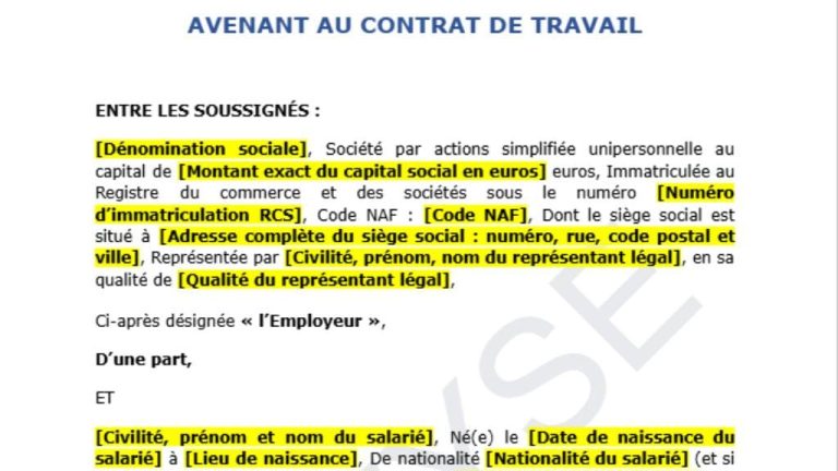 Modèle avenant contrat de travail modification rémunération