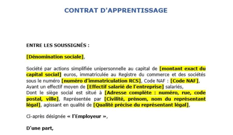 modèle de contrat d'apprentissage