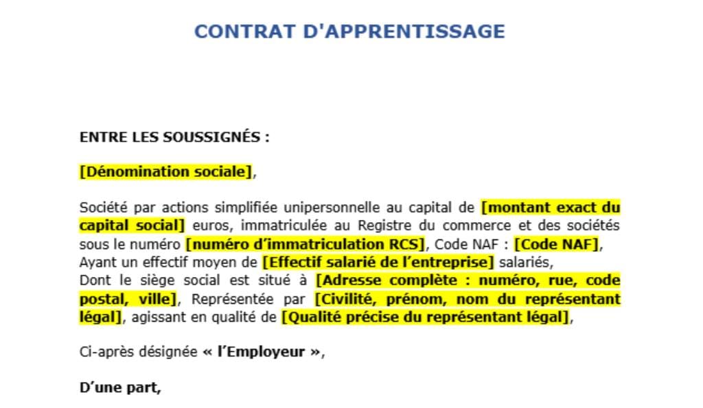 modèle de contrat d'apprentissage