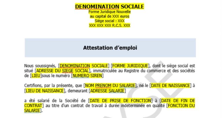 exemple d'attesation d'emploi