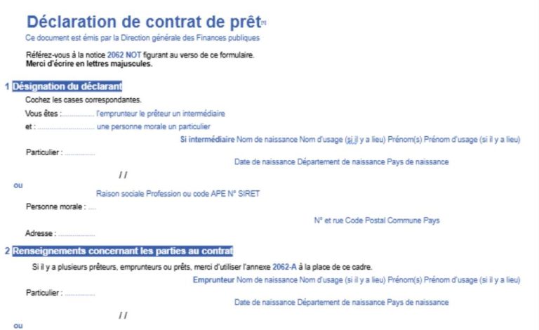 Formulaire n°2062 - Déclaration de contrat de prêt