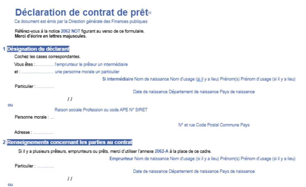 Formulaire n°2062 - Déclaration de contrat de prêt