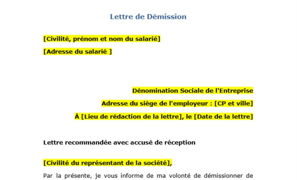 Lettre de démission Modele