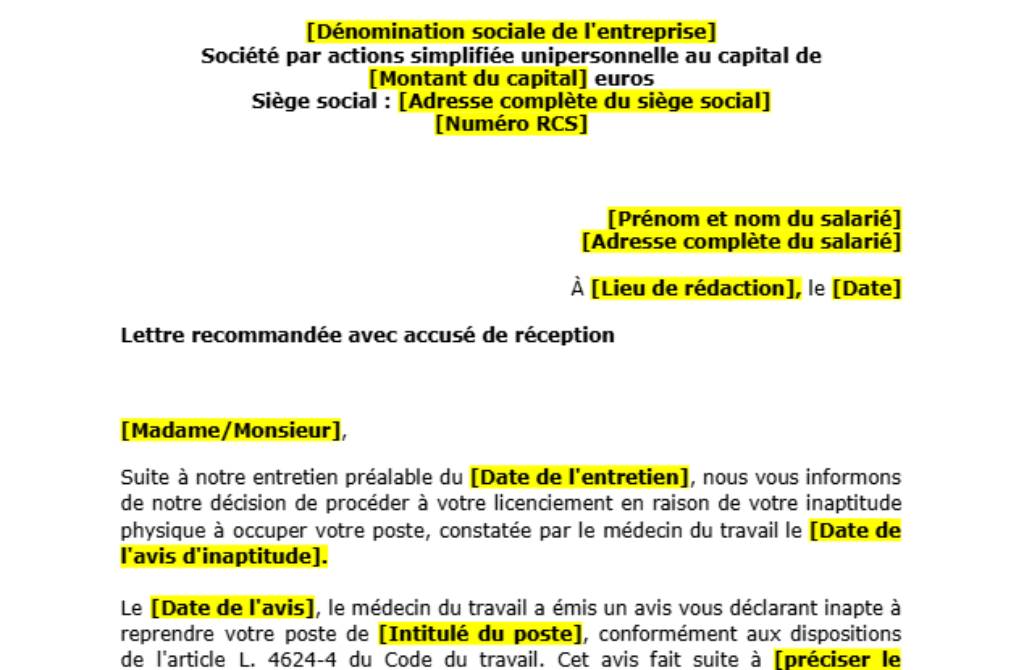 Modèle de Lettre convocation licenciement pour inaptitude physique non professionnelle