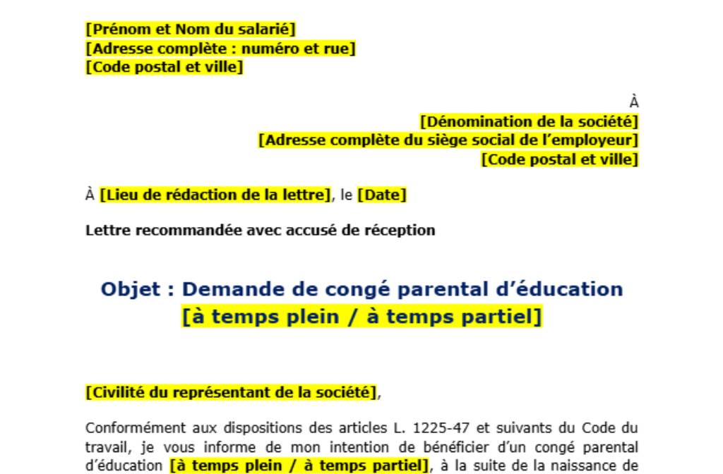 Modèle de demande de congé parental