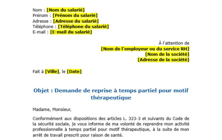 Modèle de document Demande de reprise à temps partiel pour motif thérapeutique