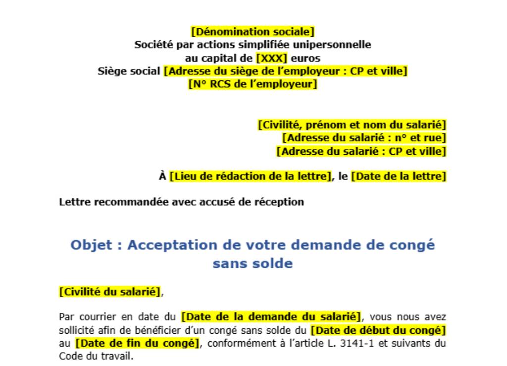 Modèle de lettre d’acceptation de congé sans solde