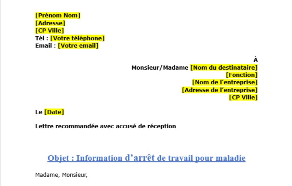 Modèle de lettre d’arrêt de travail pour maladie