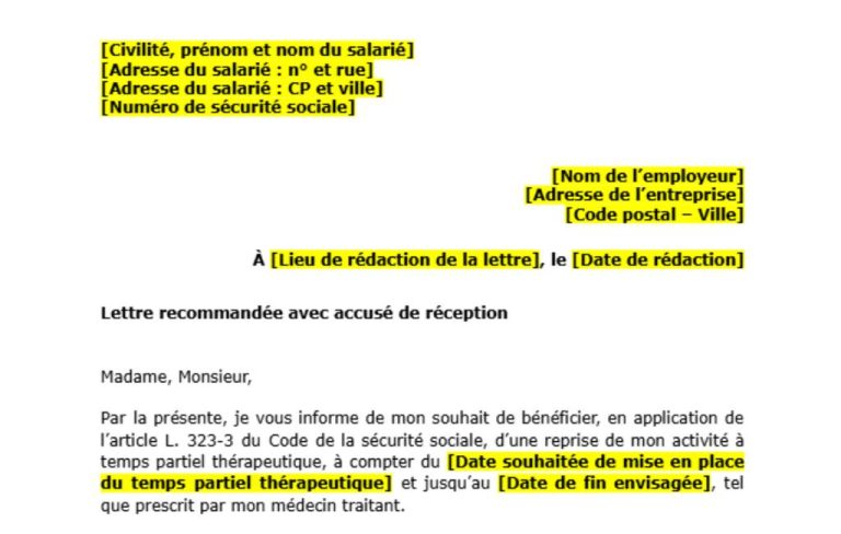 Modèle de lettre de demande de mi-temps thérapeutique